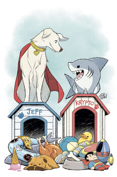 animal_collar animal_focus ball basketball_(object) bone bowl cape character_doll chicken_(food) closed_mouth collar commentary crossover dc_comics dog doghouse doll fish food gills gurihiru highres ice_cream_cone innertube jeff_(marvel) krypto_the_superdog marvel marvel_rivals no_humans open_mouth paw_print pet_bowl pizza pizza_slice red_cape rope rubber_duck shark signature smile stuffed_toy superman superman_(series) superman_logo swim_ring symbol-only_commentary teeth toy white_dog yellow_collar