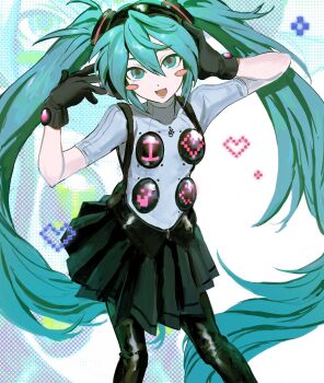 1girl blue_eyes blue_hair blush_stickers commentary feet_out_of_frame gloves hair_ornament hand_on_headphones hatena_art hatsune_miku headphones heart high_collar highres leggings_under_skirt long_hair looking_at_viewer open_mouth persona persona_4:_dancing_all_night persona_dancing pixel_heart pleated_skirt short_sleeves skirt smile solo suspender_skirt suspenders twintails very_long_hair vocaloid