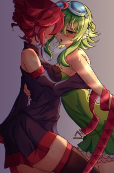 2girls absurdres after_kiss ahoge bare_shoulders belt black_thighhighs blush breasts commentary detached_sleeves dress drill_hair goggles goggles_on_head grey_hair gumi gumitetoyuri half-closed_eyes hand_on_another's_back headphones headset highres kasane_teto kiss long_sleeves medium_hair multiple_girls open_mouth red_hair saliva saliva_trail short_hair simple_background skindentation sleeveless sleeveless_dress sweat synthesizer_v thighhighs twin_drills untranslatable_commentary utau vocaloid yuri