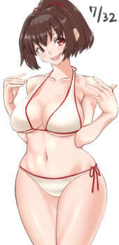 Rule 34 | 1girl, artist request, blush, breasts, brown eyes, brown hair, cleavage, curvy, female focus, large breasts, looking at viewer, navel, open mouth, ponytail, smile, solo, standing, swimsuit, wide hips