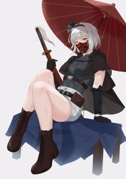 Rule 34 | 1girl, absurdres, alternate costume, ankle boots, belt, belt pouch, black belt, black cape, black gloves, black hairband, boobplate, boots, breastplate, breasts, brown boots, cape, chain, commentary, english commentary, facial mark, gloves, green eyes, grey shirt, hairband, hannya, highres, holding, holding sword, holding weapon, impossible clothes, impossible shirt, katana, konpaku youmu, large breasts, legs up, looking at viewer, mask, medium breasts, medium hair, mo zhu, mouth mask, noh mask, oil-paper umbrella, pouch, scabbard, sheath, shirt, short shorts, shorts, simple background, sitting, solo, sword, thick thighs, thighs, touhou, umbrella, vambraces, variant set, weapon, white background, white hair, white shorts