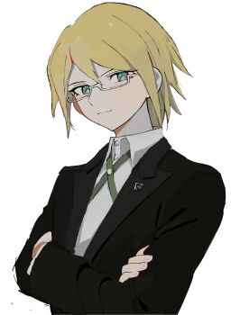 1boy black_jacket blonde_hair collared_shirt crossed_arms danganronpa:_trigger_happy_havoc danganronpa_(series) glasses hair_between_eyes hairstarfish highres jacket long_sleeves semi-rimless_eyewear shirt short_hair simple_background smile solo togami_byakuya upper_body white_background white_shirt