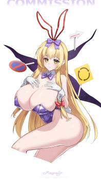 1girl absurdres animal_ears artist_name ass blonde_hair blush bow bowtie breasts closed_mouth collar commentary commission fake_animal_ears fake_tail gap_(touhou) gloves hair_ribbon hands_on_own_chest highres huge_breasts leotard light_smile long_hair playboy_bunny purple_bow purple_bowtie purple_leotard rabbit_ears rabbit_tail reyalp ribbon road_sign sign solo tail thighs touhou very_long_hair white_gloves yakumo_yukari yellow_eyes