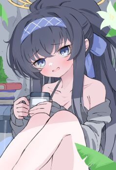 Rule 34 | 1girl, bags under eyes, bikini, bikini under clothes, black bikini, black hair, blue archive, blue bow, blue eyes, blue hairband, blush, bow, breasts, cleavage, collarbone, commentary request, feet out of frame, flower, green flower, grey jacket, hair bow, hairband, halo, highres, holding, jacket, knees up, long sleeves, looking at viewer, medium breasts, norippe (user zgsf8872), off shoulder, open clothes, open jacket, parted lips, ponytail, puffy long sleeves, puffy sleeves, sitting, sleeves past wrists, smile, solo, swimsuit, ui (blue archive), ui (swimsuit) (blue archive)