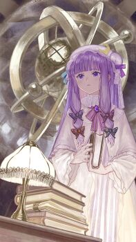 1girl absurdres armillary_sphere book commentary_request crescent crescent_hat_ornament dress hat hat_ornament highres holding holding_book lamp long_hair mob_cap parted_lips patchouli_knowledge purple_dress purple_eyes purple_hair purple_hat revision sly930105 solo touhou
