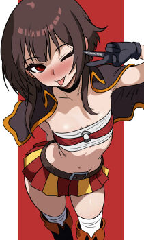 1girl alternate_costume augusketchs best_girl blush brown_hair kono_subarashii_sekai_ni_shukufuku_wo! megumin one_eye_closed peace_symbol red_background red_eyes short_hair tongue wink