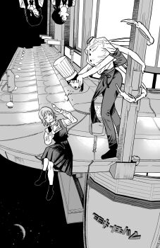 4girls apron arthropod_limbs black_apron black_blood black_gloves black_hair black_tears blocking blood blood_drip blood_from_mouth bloody_tears breasts building chainsaw_man chef chef_hat closed_eyes crescent_moon disembodied_head eating elbow_gloves extra_arms falling_devil_(chainsaw_man) fami_(chainsaw_man) flat_top_chef_hat fourth_east_high_school_uniform gloves hat highres holding_detached_head long_arms mitaka_asa monochrome moon multiple_girls night night_sky nosebleed school_uniform short_hair sky to_rikan upside-down waist_apron yoru_(chainsaw_man)