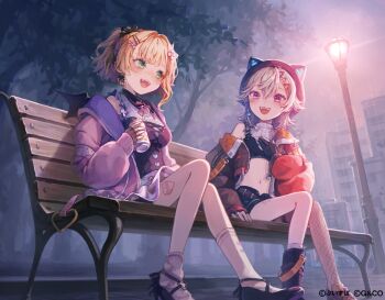 2girls animal_ears asymmetrical_footwear asymmetrical_legwear black_boots black_gloves black_hat black_shoes blonde_hair boots cat_ears fake_animal_ears fangs fingerless_gloves fishnet_thighhighs fishnets gloves green_eyes hair_ornament hairclip hat highres holding hotatenshi jacket komori_met kurumi_noah long_sleeves looking_at_another medium_hair mismatched_footwear mismatched_legwear multiple_girls navel night official_art on_bench open_clothes open_jacket outdoors partially_fingerless_gloves purple_hair shoes sitting smile socks stomach teeth thighhighs uneven_legwear upper_teeth_only virtual_youtuber vspo! white_socks