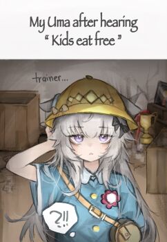 1girl aged_down animal_ears bag blue_shirt commentary doktahzaki grey_hair hat highres holding holding_bag horse_ears horse_girl kindergarten_uniform long_hair looking_at_viewer meme oguri_cap_(umamusume) open_mouth purple_eyes shirt solo umamusume yellow_bag yellow_hat