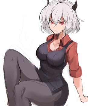 1girl black_horns black_pantyhose black_skirt breasts demon_girl demon_horns expressionless helltaker highres horns malina_(helltaker) medium_breasts pantyhose rakeemspoon red_eyes red_shirt shirt short_hair sitting skirt sleeves_rolled_up thighs v-shaped_eyebrows white_hair