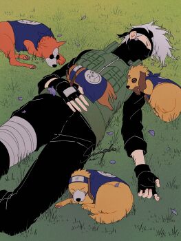 1boy absurdres bandaged_leg bandages black_gloves black_headband black_mask black_pants black_shirt closed_eyes dog feet_out_of_frame fingerless_gloves flak_jacket gloves grass green_vest grey_hair hand_on_own_stomach hatake_kakashi headband highres jacket konohagakure_shinobi_uniform konohagakure_symbol lying male_focus mask mouth_mask naruto_(series) on_back pakkun_(naruto) pants round_eyewear saarcheung sample_watermark shirt short_hair sleeping sunglasses vest watermark
