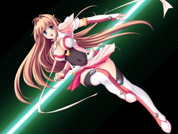 1girl angel_tear blue_eyes boots breasts brown_hair chest_jewel cleavage covered_navel game_cg gloves hair_intakes large_breasts legs long_hair magical_girl maishima_yuri nerawareta_megami_tenshi_angel_tear non-web_source official_art open_mouth skirt smile solo thigh_boots thighhighs tsukumo_kazuita very_long_hair