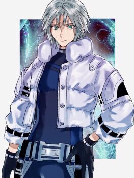 Rule 34 | 1boy, 3wa tari, aqua eyes, black gloves, blue wetsuit, border, closed mouth, coat, cowboy shot, final fantasy, final fantasy vii, final fantasy vii: ever crisis, gloves, grey hair, hair between eyes, hand on own hip, highres, male focus, official alternate costume, parted bangs, puffy coat, sephiroth, sephiroth (ever crisis), sephiroth (natant jacket), short hair, slit pupils, solo, white border, white coat