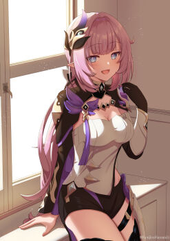 1girl :d black_boots black_gloves black_shorts blue_eyes boots breasts cleavage commentary_request elf elysia_(honkai_impact) elysia_(miss_pink_elf)_(honkai_impact) gloves hair_ornament highres honkai_(series) honkai_impact_3rd indoors kenjirohayamiti long_hair long_sleeves looking_at_viewer open_mouth pink_hair pointy_ears ponytail shirt shorts shrug_(clothing) single_glove sitting smile solo thigh_boots thighhighs white_shirt window
