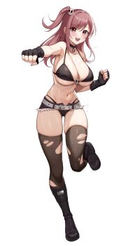 1girl armpits bare_shoulders belt bikini black_bikini black_boots black_choker black_gloves black_shorts boots breasts brown_thighhighs choker cleavage clenched_hands commission cutoffs fingerless_gloves full_body gloves hair_ornament halterneck highleg highres incoming_fist_bump knee_boots large_breasts leg_up long_hair looking_at_viewer micro_shorts navel one_side_up open_fly open_mouth original panty_straps pink_eyes pink_hair shorts simple_background skindentation skull_hair_ornament skull_ornament smile solo stomach string_bikini sweat swimsuit thighhighs thighs torn_clothes torn_thighhighs white_background ysoa26