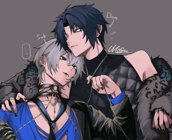... 2boys arrow_(symbol) asaba_harumasa bare_shoulders black_hair black_jacket black_nails black_necktie black_shirt blue_shirt chain chain_necklace choker closed_mouth collarbone commentary_request ear_piercing earrings fur-trimmed_jacket fur_trim green_eyes grey_background grey_hair hair_between_eyes hand_on_another's_shoulder hand_up highres jacket jewelry looking_at_another male_focus moz_ez365 multiple_boys necklace necktie o-ring o-ring_choker official_alternate_costume parted_bangs piercing shirt short_hair signature silver_ring simple_background sleeveless sleeveless_shirt spoken_ellipsis torn_clothes torn_shirt wise_(zenless_zone_zero) yaoi yellow_eyes zenless_zone_zero
