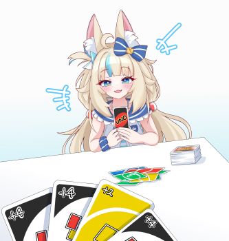 1girl absurdres ahoge animal_ear_fluff animal_ears blonde_hair blue_bow blue_eyes blue_sailor_collar blue_streaks blunt_bangs blush bow card cat_ears collar commentary deck_of_cards dress fish_girl frilled_collar frills hair_bow highres holding holding_card imminent_uno_loss_(meme) indie_virtual_youtuber lifebuoy_hair_ornament long_hair looking_at_viewer meme multicolored_hair one_side_up open_mouth paper_boat rei_(2812q) sailor_collar sailor_dress sameko_saba sameko_saba_(1st_costume) simple_background sleeveless sleeveless_dress solo streaked_hair table uno_(game) upper_body very_long_hair white_background white_dress white_streaks