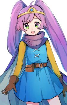 1girl ahoge belt blue_dress brown_gloves cloak commentary cosplay crossover dragon_quest dragon_quest_iii dress gloves green_eyes hero_(dq3) hero_(dq3)_(cosplay) long_hair looking_at_viewer manaka_laala open_mouth pretty_series pripara purple_cloak purple_hair shima_moto simple_background solo standing twintails white_background