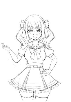 Rule 34 | 1girl, :d, adapted costume, assault lily, belt, belt buckle, blunt bangs, blush, bow, bowtie, breasts, buckle, commentary request, cowboy shot, fang, frilled skirt, frills, greyscale, hair bow, hand on own hip, hand up, high-waist skirt, highres, jewelry, kanba girls high school uniform, looking at viewer, medium breasts, medium hair, miniskirt, monochrome, open mouth, puffy short sleeves, puffy sleeves, raised eyebrows, ring, sadamori himeka, sailor collar, school uniform, serafuku, shirt, short sleeves, simple background, sketch, skin fang, skirt, smile, solo, standing, thighhighs, twintails, unu (yayoinoasagohan), white background, zettai ryouiki