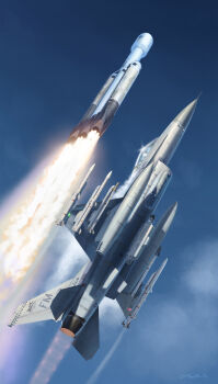 absurdres afterburner aim-120_amraam aim-9_sidewinder air-to-air_missile aircraft airplane blue_sky chinese_commentary commentary commentary_request english_commentary external_fuel_tank f-16_fighting_falcon falcon_heavy fighter_jet flying highres military military_vehicle missile mixed-language_commentary mo_yu_de_jiaozi no_humans original rocket_ship signature sky smoke smoke_trail spacecraft spacex targeting_pod vehicle_focus