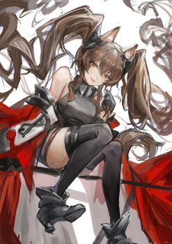 1girl :d absurdly_long_hair angelina_(arknights) animal_ear_fluff animal_ears arknights arknights:_endfield baishi_(user_ttfj7553) bare_shoulders black_boots black_gloves black_thighhighs boots breasts brown_hair clothes_down coat commentary dress fold-over_boots foot_out_of_frame fox_ears fox_girl gilberta_(arknights) gloves grey_dress hair_between_eyes hands_in_own_hair headgear high_collar highres impossible_clothes impossible_dress long_hair long_sidelocks long_sleeves looking_at_viewer medium_breasts open_clothes open_coat open_mouth orange_eyes red_coat short_dress sidelocks simple_background smile solo thighhighs twintails very_long_hair white_background