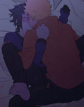 Rule 34 | 2boys, absurdres, arm out of sleeve, barefoot, black hair, black pants, blonde hair, blush, commentary, english commentary, french kiss, from behind, highres, hood, hood down, hoodie, kiss, male focus, multiple boys, naruto (series), on bed, orange hoodie, pants, purple shirt, shirt, soles, spread legs, themidnights0ng, toes, uchiha sasuke, uzumaki naruto, yaoi