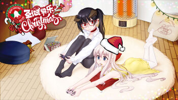 Rule 34 | 2girls, black hair, black pantyhose, blonde hair, blue eyes, christmas, controller, feet, game controller, glasses, hat, heater, highres, horns, light blush, lollipop in mouth, long hair, looking at viewer, lying, multiple girls, on stomach, open mouth, original, panties, panties under pantyhose, pantyhose, pantyshot, pointy ears, red eyes, santa hat, side ponytail, soles, stellarxiela2, toes, underwear, white pantyhose