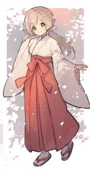 1girl blush brown_hair brown_sandals character_request closed_mouth commentary_request full_body green_eyes hakama hakama_skirt highres ito_taera japanese_clothes kimono long_hair long_sleeves low_ponytail miko pinching_sleeves ponytail red_hakama sandals skirt sleeves_past_wrists smile socks solo tabi unifee very_long_hair virtual_youtuber walking watermark white_kimono white_socks wide_sleeves zouri