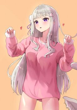 1girl :o absurdres alternate_costume animal_ears blunt_bangs blush braid cat_ears commentary_request crown_braid elf emilia_(re:zero) flower grey_hair hair_flower hair_ornament hair_ribbon hands_up heart highres justjast long_hair long_neck long_sleeves mixed-language_commentary orange_background pink_sweater pointy_ears puck_(re:zero) purple_eyes purple_ribbon re:zero_kara_hajimeru_isekai_seikatsu ribbon signature simple_background solo standing sweater x_hair_ornament
