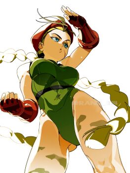 Rule 34 | 1girl, bare shoulders, beret, blonde hair, blue eyes, braid, breasts, cammy white, chest harness, clenched hand, commentary request, facial scar, fingerless gloves, from below, gloves, green leotard, harness, hat, highleg, highleg leotard, highres, large breasts, leotard, long hair, looking ahead, rand 314, red gloves, red hat, scar, scar on cheek, scar on face, simple background, solo, street fighter, twin braids, white background