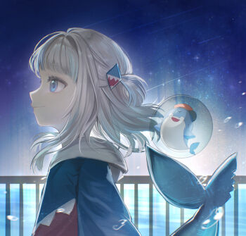 Rule 34 | 1girl, absurdres, bloop (gawr gura), blue eyes, fish, gawr gura, highres, hololive, hololive english, hood, hoodie, lomelody1, long hair, looking at another, night, outdoors, sky, star (sky), virtual youtuber, water, white hair