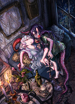 alcohol barefoot bed blush bottle breasts clock clothes_writing cup cupping_glass dress drinking_glass drunk green_shirt green_shorts highres holding holding_cup horns jewelry jizeru_(giselebon) long_hair multiple_girls on_bed open_mouth pillow pointy_ears purple_hair purple_horns red_eyes red_wine shirt short_sleeves shorts single_horn tail teeth tenkajin_chiyari touhou toutetsu_yuuma unfinished_dream_of_all_living_ghost wine wine_bottle wine_glass