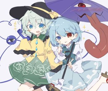 2girls :d ahoge aqua_eyes black_boots blue_eyes blue_hair blue_skirt blue_vest blush boots closed_mouth commentary fang finger_to_cheek frills green_hair green_skirt heterochromia highres holding holding_phone holding_umbrella karakasa_obake komeiji_koishi leg_up long_sleeves looking_at_viewer multiple_girls open_mouth phone purple_umbrella red_eyes sandals shirt skin_fang skirt smile star_(symbol) tatara_kogasa third_eye tongue tongue_out touhou umbrella vest white_shirt wusem0108 yellow_shirt