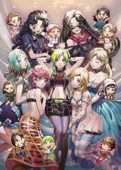 &gt;:d 6+girls :d ;d ^_^ adjusting_eyewear animal_print aoki_(fumomo) apron aqua_eyes aqua_hair arm_warmers arms_up back bare_shoulders between_fingers black_eyes black_gloves black_hair black_serafuku blonde_hair blue_dress blue_flower blue_rose blunt_bangs blush boots bow braid breasts brown_hair butterfly_print card chibi choker cleavage clenched_hands closed_eyes closed_mouth collarbone collared_shirt colored_eyelashes cup detached_sleeves double_bun dreadlocks dress drinking_straw earrings erina_pendleton ermes_costello eyelashes floral_print flower flying foo_fighters_(jojo) freckles frown glasses gloves green_eyes green_hair green_lips hair_bobbles hair_bun hair_ornament hair_slicked_back hairband half_updo hand_on_own_cheek hand_on_own_chest hand_on_own_face hands_on_own_hips hat headdress heart higashikata_tomoko highres hirose_yasuho holding holding_card hood hoop_earrings hot_pants_(sbr) jewelry jojo_no_kimyou_na_bouken jojolion kuujou_holly kuujou_jolyne layered_sleeves leopard_print lipstick lisa_lisa long_hair long_skirt long_sleeves looking_at_viewer lucy_steel makeup medium_breasts miniskirt multicolored_hair multiple_girls one_eye_closed open_mouth orange_slippers outstretched_arm overalls pantyhose pink_boots pink_bow pink_eyes pink_hair pink_lips pink_ribbon pouring purple_flower purple_legwear purple_rose purple_skirt red_flower red_lips red_rose red_scarf red_shoes ribbon rose rose_print runaway_girl_(jojo) scarf school_uniform serafuku shirt shoes short_dress short_hair short_over_long_sleeves short_sleeves single_braid single_hair_bun sitting skirt sleeveless slippers small_breasts smile smirk spikes star_(sky) steel_ball_run strapless striped_clothes striped_legwear striped_thighhighs sugar_mountain sugimoto_reimi sunglasses suzi_q tattoo tea teacup teapot thighhighs trish_una turtleneck v v-shaped_eyebrows vento_aureo very_long_hair wavy_hair white_apron wristband yamagishi_yukako yellow_eyes