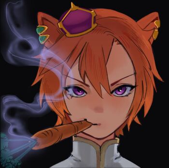 1girl absurdres animal_ears black_background carrot closed_mouth commentary crown dungeonbgm english_commentary highres horse_ears horse_girl looking_at_viewer mini_crown orange_hair portrait purple_crown purple_eyes short_hair simple_background smile smoke smoking solo t.m._opera_o_(o_sole_suo!)_(umamusume) t.m._opera_o_(umamusume) umamusume v-shaped_eyebrows