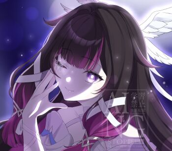 1girl black_hair bright_pupils closed_mouth columbina_(genshin_impact) commentary_request dress genshin_impact hair_intakes hair_ribbon hand_on_own_face hand_up head_wings highres long_hair looking_at_viewer multicolored_hair one_eye_closed pink_hair purple_eyes ribbon smile solo takura_0103 twitter_username two-tone_hair upper_body watermark white_dress white_pupils white_ribbon white_wings wings