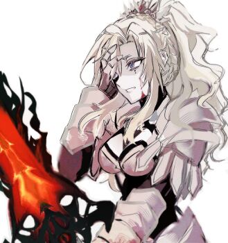 1girl armor balmung_kriemhild_(fate) blood blood_on_face blue_eyes breasts darkness fate/grand_order fate_(series) gauntlets grey_hair hand_on_own_face highres holding holding_sword holding_weapon kckhsrrr kriemhild_(fate) kriemhild_(third_ascension)_(fate) long_hair medium_breasts pauldrons shoulder_armor sword tiara weapon white_background