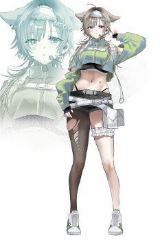 1girl absurdres adapted_costume alternate_costume arm_up bare_shoulders belt belt_pouch black_gloves black_pantyhose black_sports_bra blue_eyes breasts commentary crop_top cropped_jacket earpiece fingerless_gloves full_body gloves goddess_of_victory:_nikke green_jacket grey_hair grey_shorts hair_between_eyes hair_ears hair_ornament hairband hairclip highres jacket jersey_maid large_breasts looking_at_viewer maid maid_headdress midriff mole mole_on_stomach navel pantyhose parted_lips piercing pouch prika_(nikke) shoes short_hair_with_long_locks short_shorts shorts sidelocks simple_background single_leg_pantyhose skindentation sneakers solo sports_bra standing star_(symbol) star_sticker sticker sticker_on_face sticker_on_stomach suju0813 torn_clothes torn_pantyhose track_jacket unconventional_maid unzipped white_background white_belt white_hairband white_shoes x_hair_ornament zipper zipper_pull_tab zoom_layer