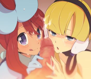 10s 1boy 2girls :d :q bare_shoulders blonde_hair blue_eyes blush brown_hair censored choker cum cum_on_body elesa_(pokemon) facial flower gloves gym_leader hair_bun hair_flower hair_ornament headphones multiple_girls nakamura_sandayo nintendo open_mouth penis pokemon pokemon_bw side_ponytail single_hair_bun skyla_(pokemon) smile sweat tongue tongue_out