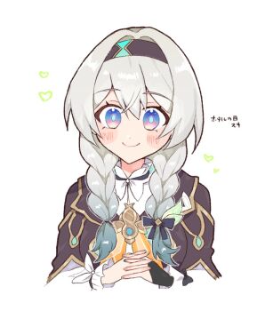 1girl blush_stickers braid bridal_gauntlets brown_hairband brown_jacket closed_mouth collared_shirt commentary_request eeeeekyawaiii firefly_(honkai:_star_rail) frilled_sleeves frills gradient_eyes green_pupils hairband heart honkai:_star_rail honkai_(series) jacket long_sleeves multicolored_eyes neckerchief orange_neckerchief shirt simple_background single_bridal_gauntlet smile solo twin_braids upper_body white_background white_shirt white_sleeves