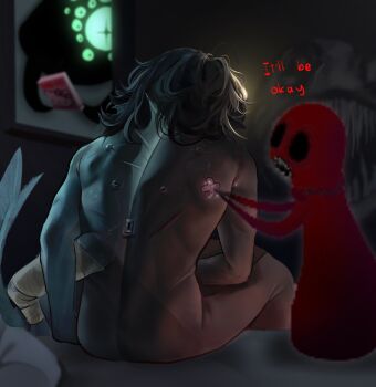 1boy 1other angler_(pressure) anglerfish_boy animal back_fin bandaged_arm bandages book catnip_cataria elbow_on_leg english_text extra_arms eyefestation fins flower from_behind glowing head_fins hello_kitty_print highres holding holding_book holding_flower imaginary_friend_(pressure) indoors pressure_(roblox) sebastian_solace shark sitting slouching tail