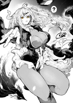 1girl ? absurdres bird bodystocking breasts floating_hair greyscale hair_ornament hairclip highres jacket large_breasts leg_up leotard long_hair looking_at_viewer monochrome navel orange_eyes parted_lips reaching reaching_towards_viewer solo spoken_question_mark spot_color torn_bodystocking torn_clothes yixuan_(trails_of_ink)_(zenless_zone_zero) yixuan_(zenless_zone_zero) yotsumi_shiro zenless_zone_zero