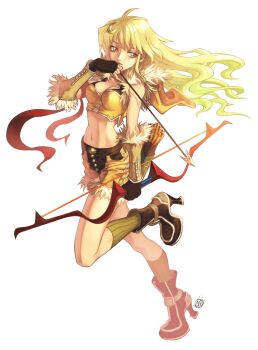 1girl absurdres archer_(ragnarok_online) arrow_(projectile) blonde_hair bow_(weapon) breasts cleavage female_focus full_body gold high_heels highres marksman navel pants quiver ragnarok_online shoes shorts sniper solo weapon yellow_eyes yellow_theme