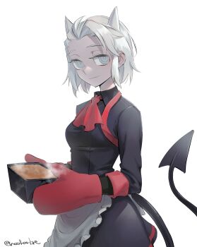 1girl absurdres ascot bilingual_commentary closed_mouth commentary commentary_request demon_girl demon_tail english_commentary gloves helltaker highres holding horns justice_(helltaker) looking_at_viewer mixed-language_commentary noah_(tettsui-sole) partial_commentary red_ascot red_gloves short_hair simple_background smile solo tail twitter_username white_background white_eyes white_hair white_horns