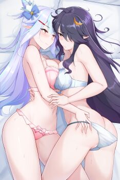 2girls absurdres ahoge alternate_costume ass ass_focus blue_hair blunt_bangs blush bracelet breast_press breasts butt_crack commentary couple covered_navel crescent curvy eda_(epic_seven) embarrassed english_commentary epic_seven from_side hair_ornament hair_over_one_eye hand_on_another&#039;s_arm hand_on_another&#039;s_ass hand_on_another&#039;s_back hand_on_another&#039;s_cheek hand_on_another&#039;s_face head_tilt heads_together highres huge_breasts indoors jewelry large_breasts long_sleeves looking_to_the_side lying messy_hair multicolored_hair multiple_girls on_bed on_side open_mouth panties parted_lips pointy_ears purple_hair red_eyes shy solitaria_(epic_seven) star_(symbol) streaked_hair sweat thick_thighs thighs underwear wavy_hair wide_sleeves yuri zesto