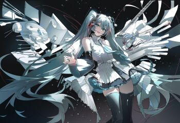 Rule 34 | 1girl, :d, aqua eyes, aqua hair, aqua necktie, arm up, arrow (projectile), black boots, black skirt, black sleeves, boots, breasts, buri (retty9349), collared shirt, commentary, cowboy shot, detached sleeves, electric guitar, floating clothes, floating hair, frills, grey shirt, guitar, hatsune miku, headset, high collar, highres, instrument, long hair, looking at viewer, miniskirt, necktie, open mouth, paintbrush, partially colored, pleated skirt, pliers, shirt, skirt, sleeveless, sleeveless shirt, small breasts, smile, solo, string, string of fate, thigh boots, thighhighs, twintails, upper body, very long hair, violin, vocaloid, wide sleeves, zettai ryouiki