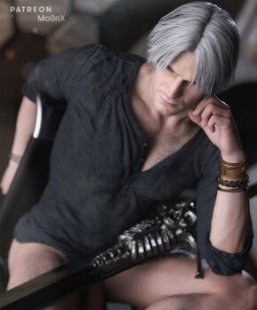 1boy 3d artist_name black_shirt bracelet chair dante_(devil_may_cry) devil_may_cry_(series) devil_may_cry_5 devil_sword_dante facial_hair flaccid grey_hair hand_on_own_cheek hand_on_own_face head_rest jewelry male_focus mo0nxart naked_shirt on_chair paid_reward_available patreon_username pectorals penis shirt short_hair sitting sleeves_rolled_up solo sword thick_thighs thighs weapon wristband