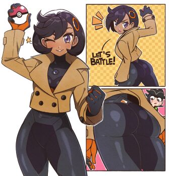 1boy 1girl ass ass_focus black_hair blush bodysuit close-up dark-skinned_female dark_skin emma_(pokemon) from_behind gloves hat highres jacket jeff_miga looking_at_viewer nintendo one_eye_closed paxton_(pokemon) pervert poke_ball pokemon pokemon_legends:_z-a purple_eyes short_hair