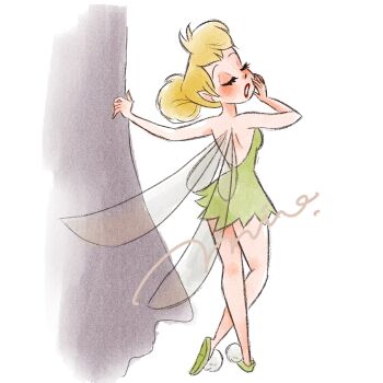 1girl bare_shoulders blonde_hair blue_eyes breasts dress fairy fairy_wings fly_agaric green_dress green_tunic hair_bun highres mio_ney mushroom pointy_ears short_hair single_hair_bun solo strapless strapless_dress tinker_bell_(disney) tunic walt_disney&#039;s_peter_pan wings