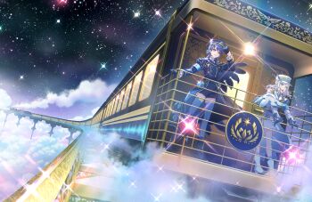 Rule 34 | 2girls, above clouds, black boots, black capelet, black hair, blue eyes, blue gloves, blue hat, blue jacket, blue shorts, blue thighhighs, boots, capelet, ceras yanagida lilienfeld, ceras yanagida lilienfeld (sairin no shasou), cloud, diffraction spikes, edel note, flipped hair, frilled sleeves, frills, full body, game cg, gloves, grey hair, half gloves, hand on railing, hat, highres, jacket, jellyfish cut, katsuragi izumi, katsuragi izumi (kaiten no shasou), link! like! love live!, locomotive, long hair, long sleeves, looking ahead, love live!, multiple girls, night, non-web source, official art, open hands, orange eyes, outdoors, short shorts, shorts, side cape, skirt, sky, standing, star (sky), starry sky, steam, steam locomotive, thighhighs, train, train conductor, virtual youtuber, wavy hair, white boots, white capelet, white hat, white jacket, white skirt